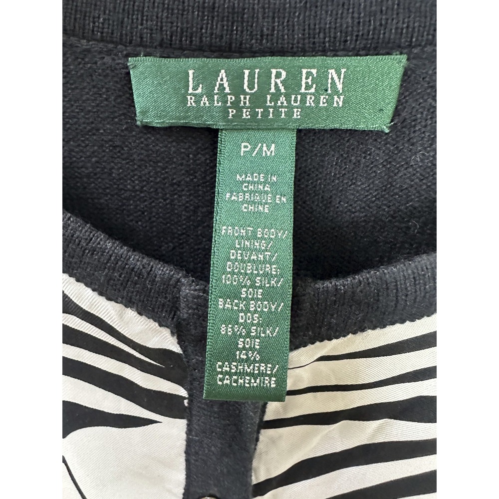 Lauren Ralph Lauren Silk Cashmere Tropical Floral Cardigan Black White Petite M - Picture 6 of 14